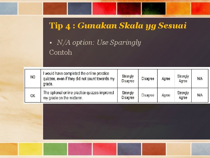 Tip 4 : Gunakan Skala yg Sesuai • N/A option: Use Sparingly Contoh 