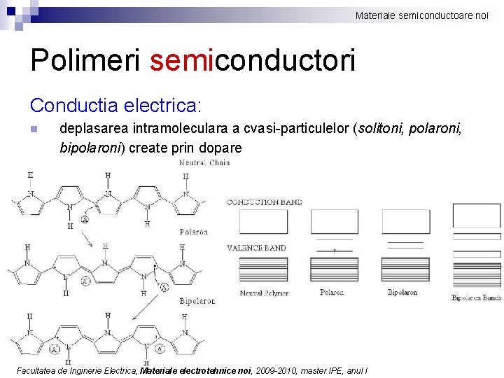 Materiale semiconductoare noi Polimeri semiconductori Conductia electrica: n deplasarea intramoleculara a cvasi-particulelor (solitoni, polaroni,
