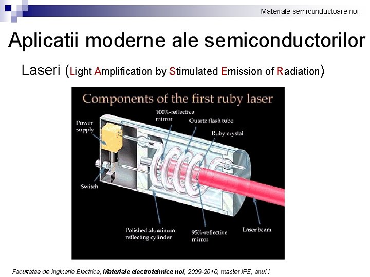 Materiale semiconductoare noi Aplicatii moderne ale semiconductorilor Laseri (Light Amplification by Stimulated Emission of