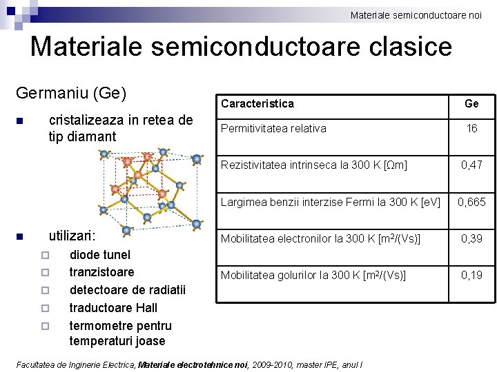 Materiale semiconductoare noi Materiale semiconductoare clasice Germaniu (Ge) n n cristalizeaza in retea de