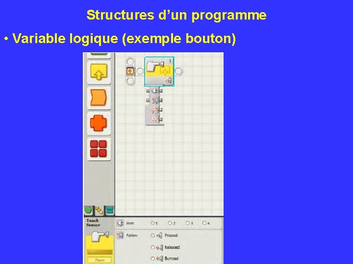 Structures d’un programme • Variable logique (exemple bouton) 