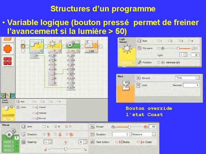 Structures d’un programme • Variable logique (bouton pressé permet de freiner l’avancement si la