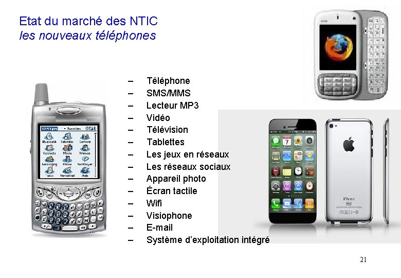 Etat du marché des NTIC les nouveaux téléphones – – – – Téléphone SMS/MMS