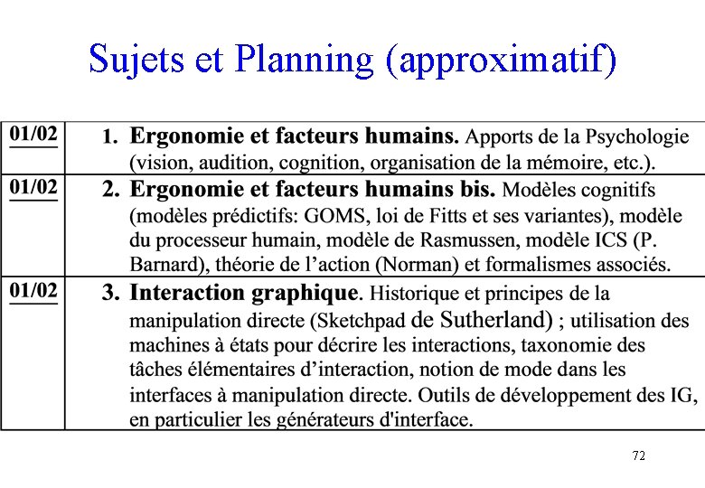 Sujets et Planning (approximatif) 72 