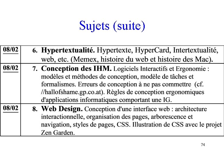 Sujets (suite) 74 