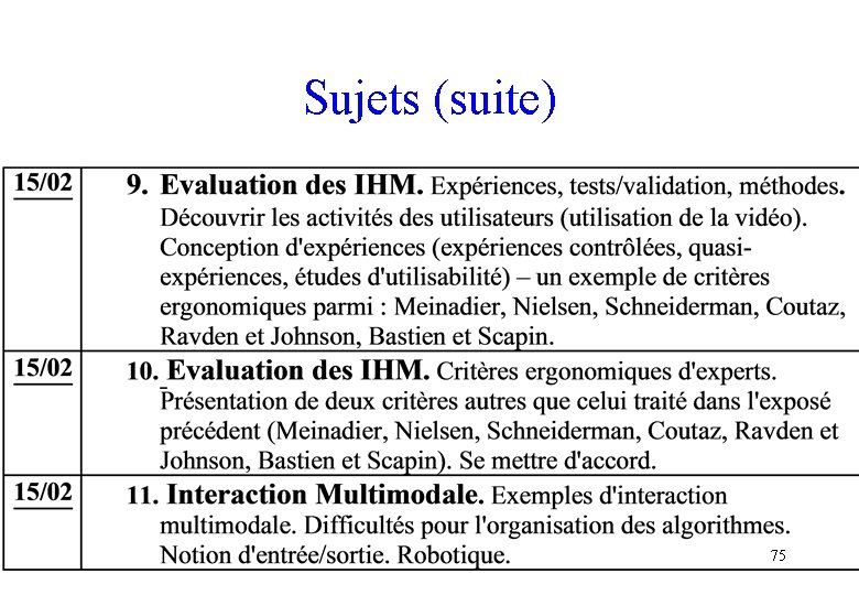 Sujets (suite) 75 