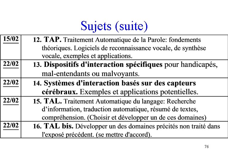 Sujets (suite) 76 