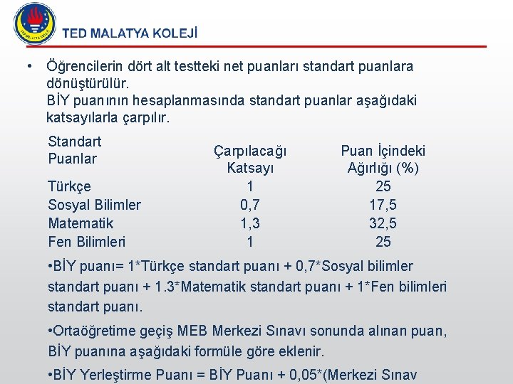  • Öğrencilerin dört alt testteki net puanları standart puanlara dönüştürülür. BİY puanının hesaplanmasında