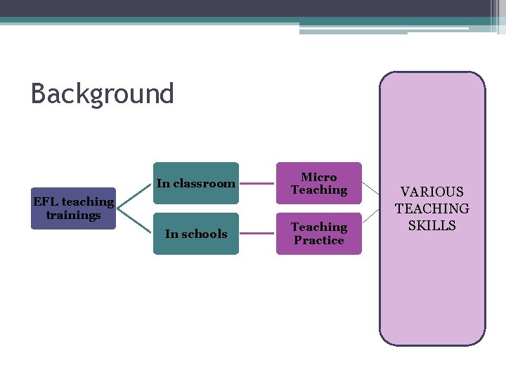 Background In classroom Micro Teaching In schools Teaching Practice EFL teaching trainings VARIOUS TEACHING