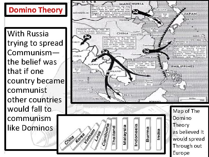 Domino Theory With Russia trying to spread Communism— the belief was that if one