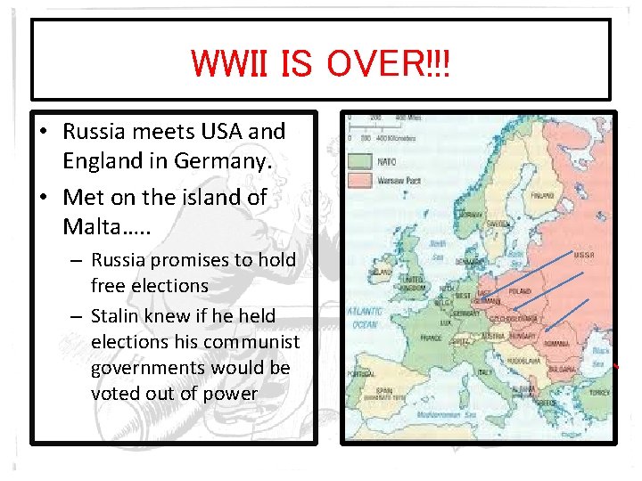 WWII IS OVER!!! • Russia meets USA and England in Germany. • Met on