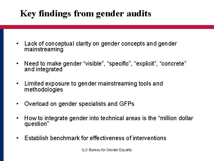 Key findings from gender audits • Lack of conceptual clarity on gender concepts and
