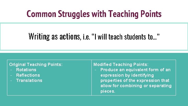 Common Struggles with Teaching Points 1 Writing as actions, i. e. “I will teach