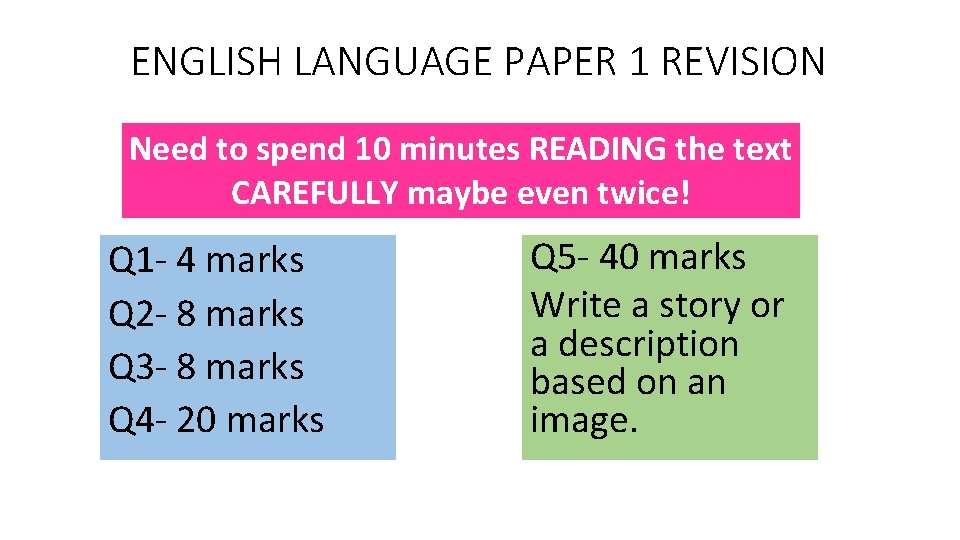 ENGLISH LANGUAGE PAPER 1 REVISION Need to spend 10 minutes READING the text CAREFULLY