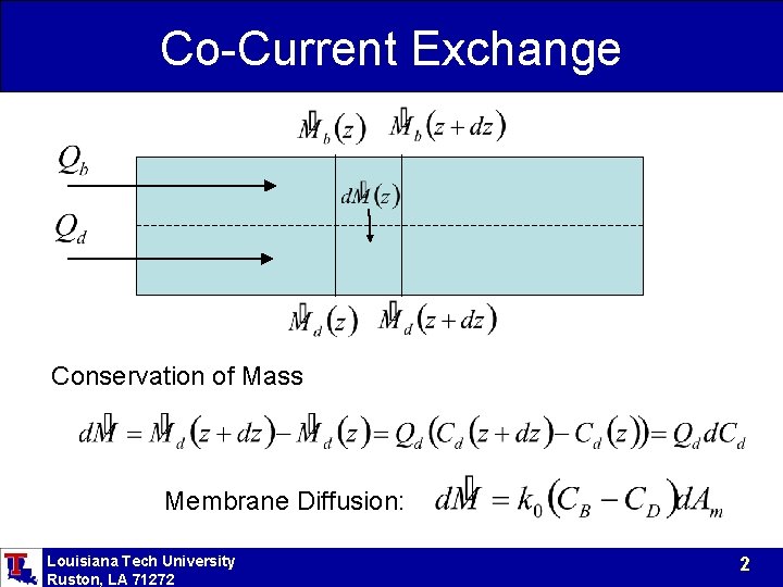 Co-Current Exchange Conservation of Mass Membrane Diffusion: Louisiana Tech University Ruston, LA 71272 2 Co-Current Exchange Conservation of Mass Membrane Diffusion: Louisiana Tech University Ruston, LA 71272 2