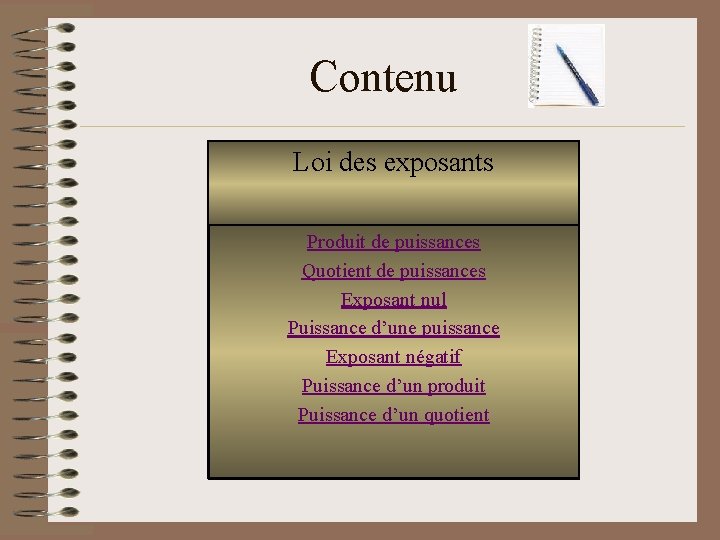 Contenu Loi des exposants Produit de puissances Quotient de puissances Exposant nul Puissance d’une