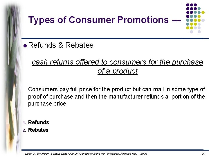 Types of Consumer Promotions --l Refunds & Rebates cash returns offered to consumers for