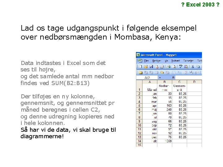 ? Excel 2003 ? Lad os tage udgangspunkt i følgende eksempel over nedbørsmængden i