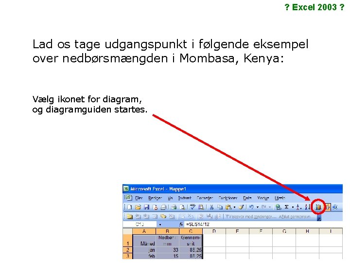 ? Excel 2003 ? Lad os tage udgangspunkt i følgende eksempel over nedbørsmængden i