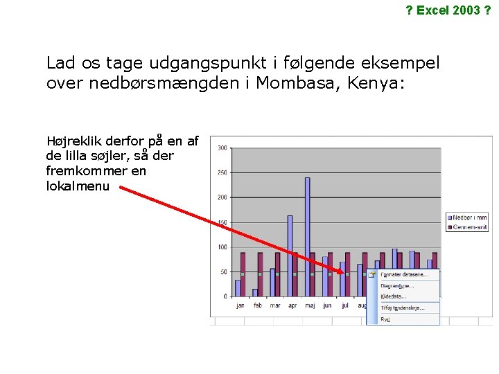 ? Excel 2003 ? Lad os tage udgangspunkt i følgende eksempel over nedbørsmængden i