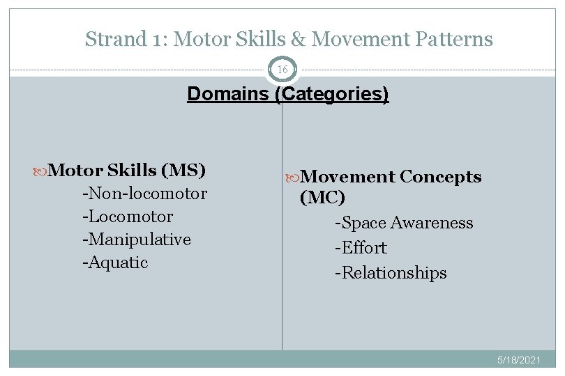 Strand 1: Motor Skills & Movement Patterns 16 Domains (Categories) Motor Skills (MS) -Non-locomotor