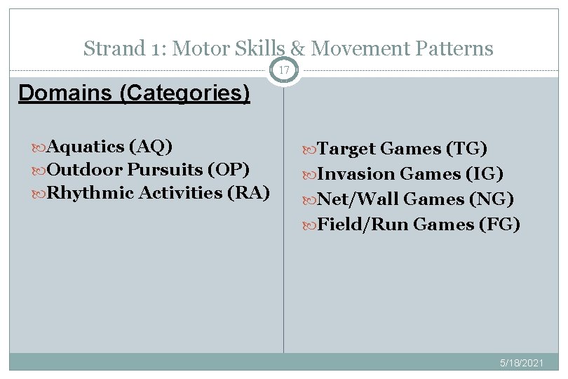 Strand 1: Motor Skills & Movement Patterns 17 Domains (Categories) Aquatics (AQ) Target Games