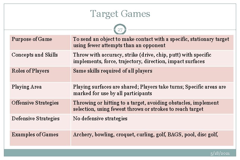 Target Games 27 Purpose of Game To send an object to make contact with