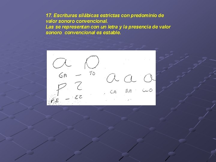 17. Escrituras silábicas estrictas con predominio de valor sonoro convencional. Las se representan con