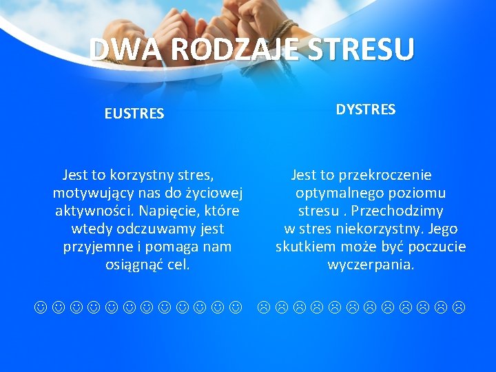 DWA RODZAJE STRESU EUSTRES Jest to korzystny stres, motywujący nas do życiowej aktywności. Napięcie,