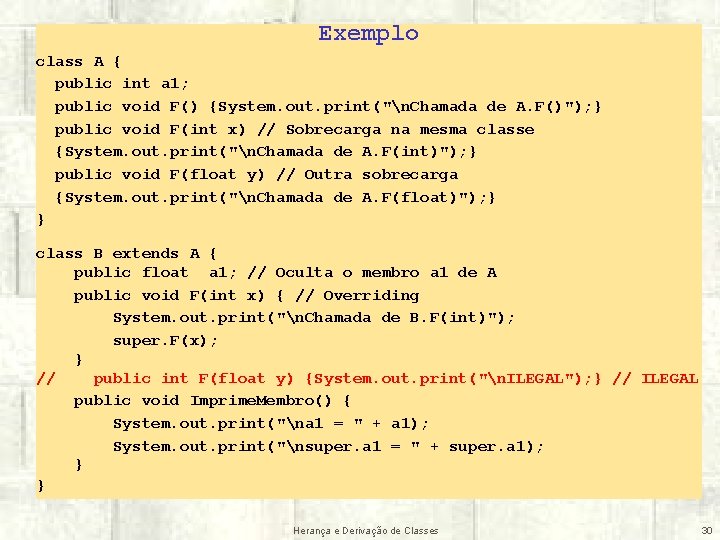 Exemplo class A { public int a 1; public void F() {System. out. print("n.