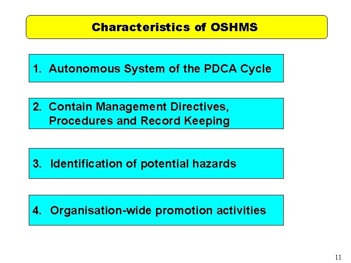 Characteristics of OSHMS 1. Autonomous System of the PDCA Cycle 2. Contain Management Directives,