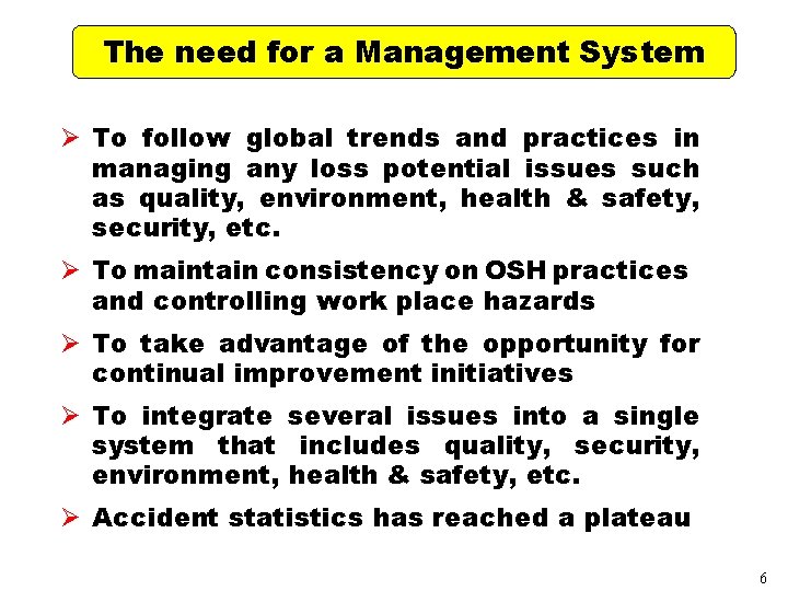 The need for a Management System Ø To follow global trends and practices in
