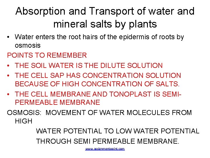 Absorption and Transport of water and mineral salts by plants • Water enters the