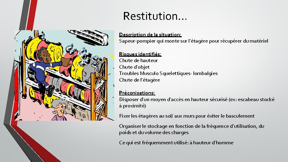 Restitution… Description de la situation: Sapeur-pompier qui monte sur l’étagère pour récupérer du matériel