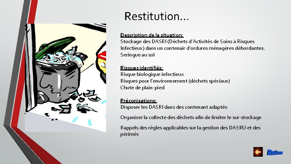 Restitution… Description de la situation: Stockage des DASRI (Déchets d’Activités de Soins à Risques