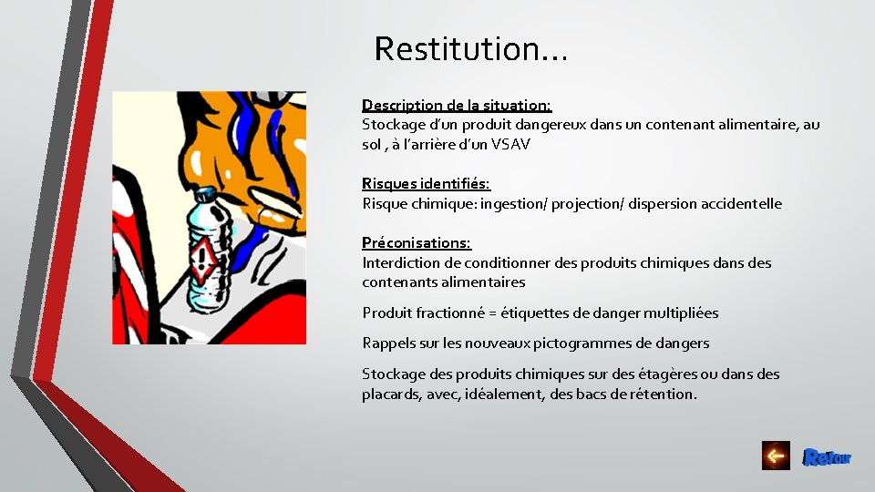 Restitution… Description de la situation: Stockage d’un produit dangereux dans un contenant alimentaire, au