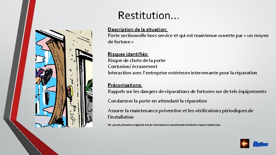 Restitution… Description de la situation: Porte sectionnelle hors service et qui est maintenue ouverte