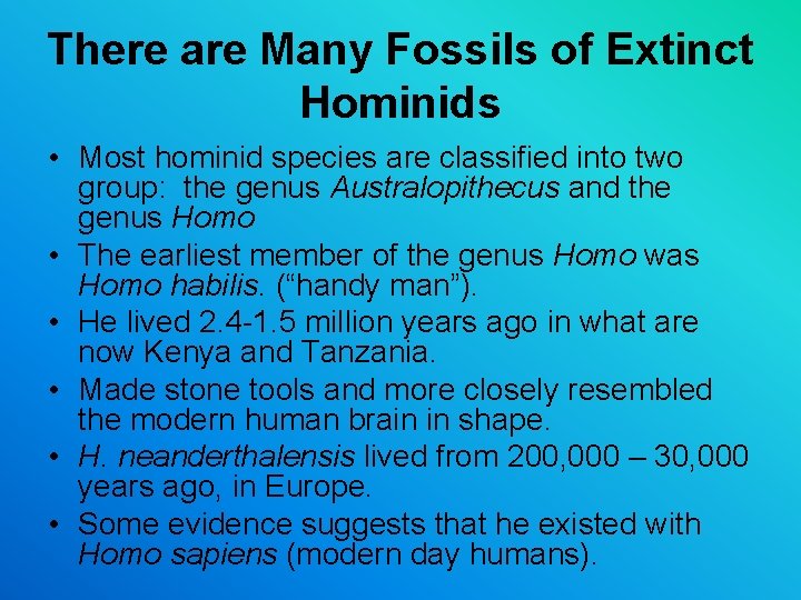 There are Many Fossils of Extinct Hominids • Most hominid species are classified into There are Many Fossils of Extinct Hominids • Most hominid species are classified into