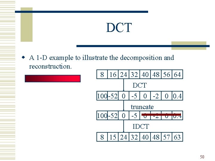 DCT w A 1 -D example to illustrate the decomposition and reconstruction. 8 16