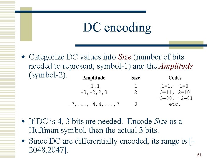 DC encoding w Categorize DC values into Size (number of bits needed to represent,