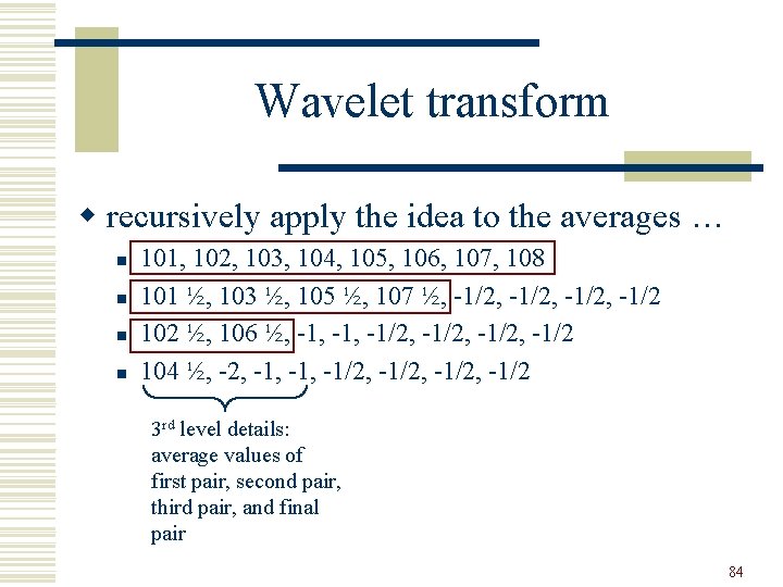 Wavelet transform w recursively apply the idea to the averages … n n 101,