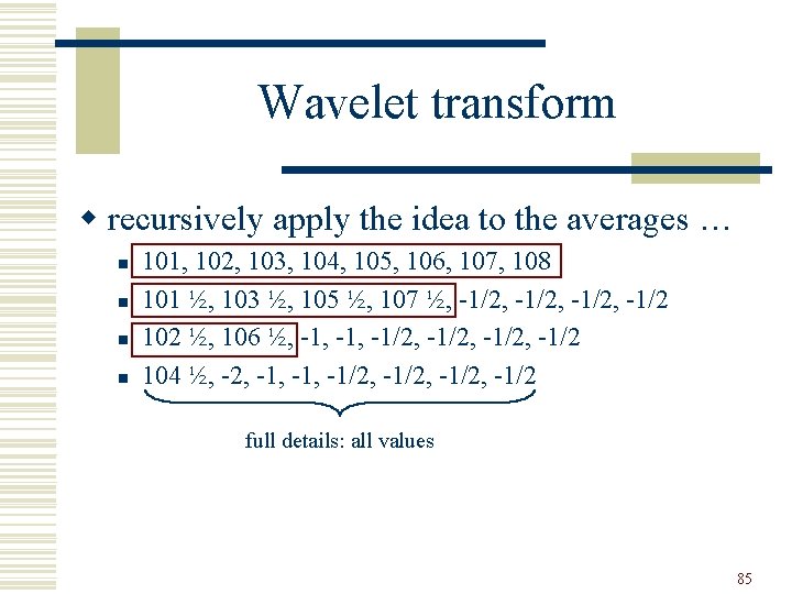 Wavelet transform w recursively apply the idea to the averages … n n 101,