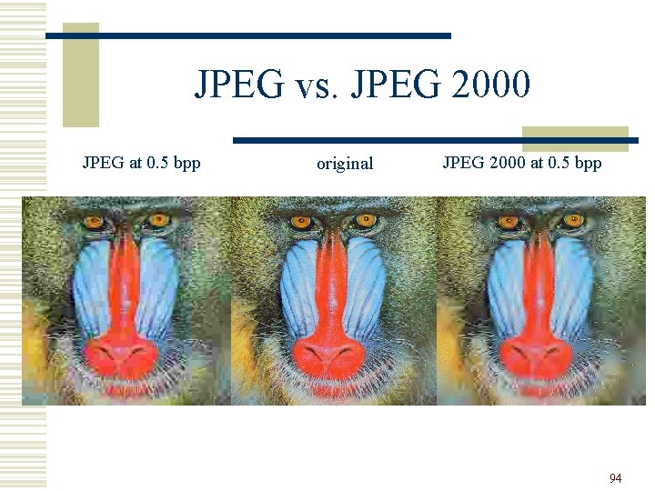 JPEG vs. JPEG 2000 JPEG at 0. 5 bpp original JPEG 2000 at 0.