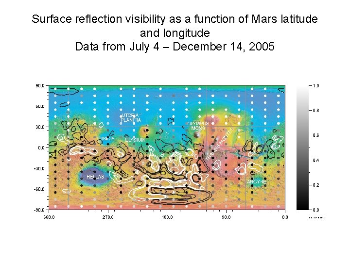 Surface reflection visibility as a function of Mars latitude and longitude Data from July