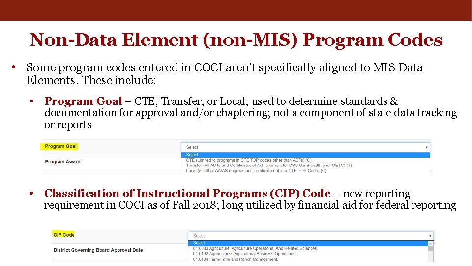 Non-Data Element (non-MIS) Program Codes • Some program codes entered in COCI aren’t specifically