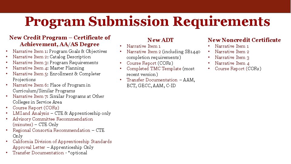 Program Submission Requirements New Credit Program – Certificate of Achievement, AA/AS Degree • •