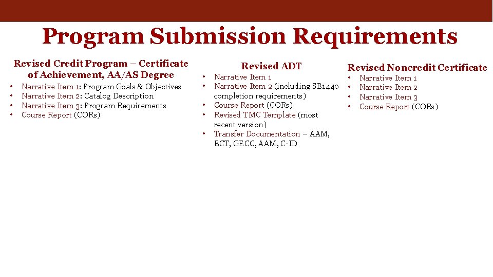 Program Submission Requirements Revised Credit Program – Certificate of Achievement, AA/AS Degree • •