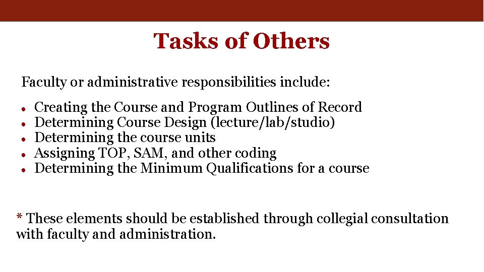 Tasks of Others Faculty or administrative responsibilities include: ● ● ● Creating the Course