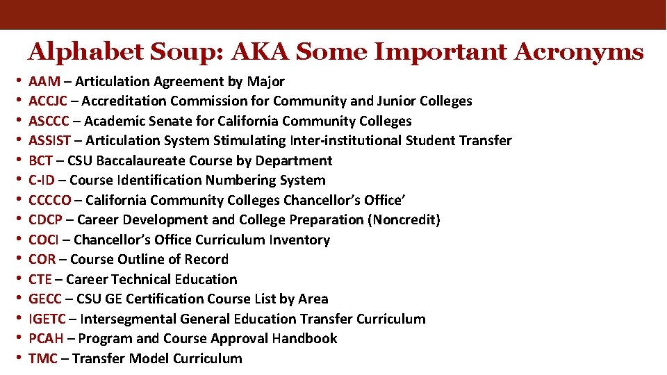 Alphabet Soup: AKA Some Important Acronyms • • • • AAM – Articulation Agreement