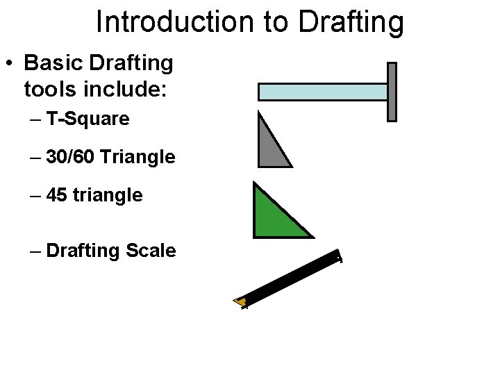 Introduction to Drafting • Basic Drafting tools include: – T-Square – 30/60 Triangle –